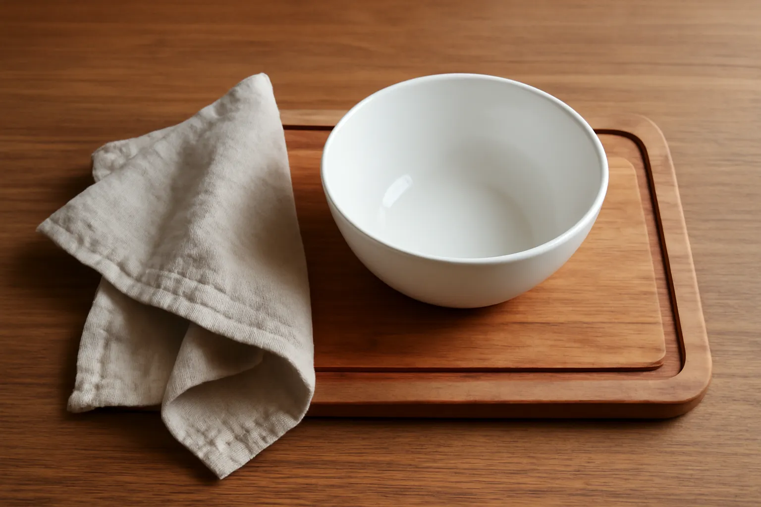 Thớt gỗ với bát trắng và khăn vải bày trên mặt bàn