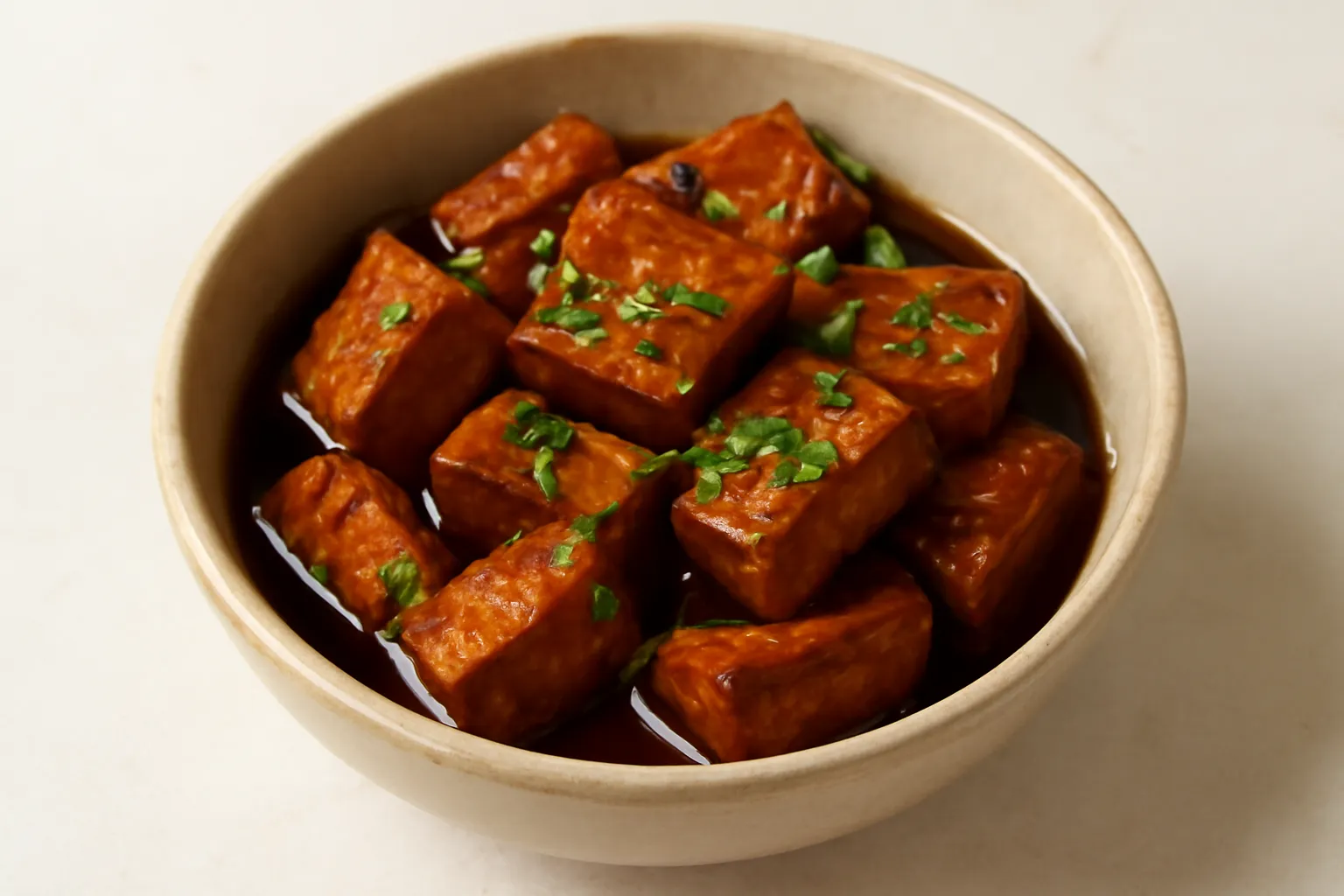 Bát món kho màu nâu đặt trên nền sáng với rau thơm rắc lên