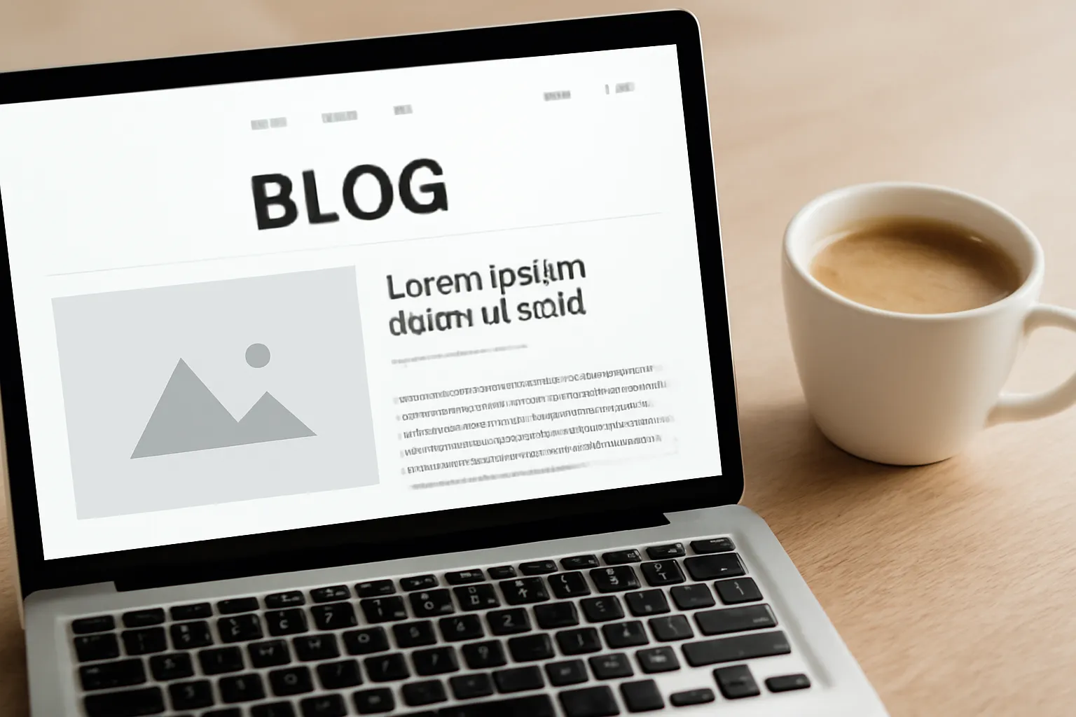 Màn hình hiện trang blog bên cạnh tách cà phê