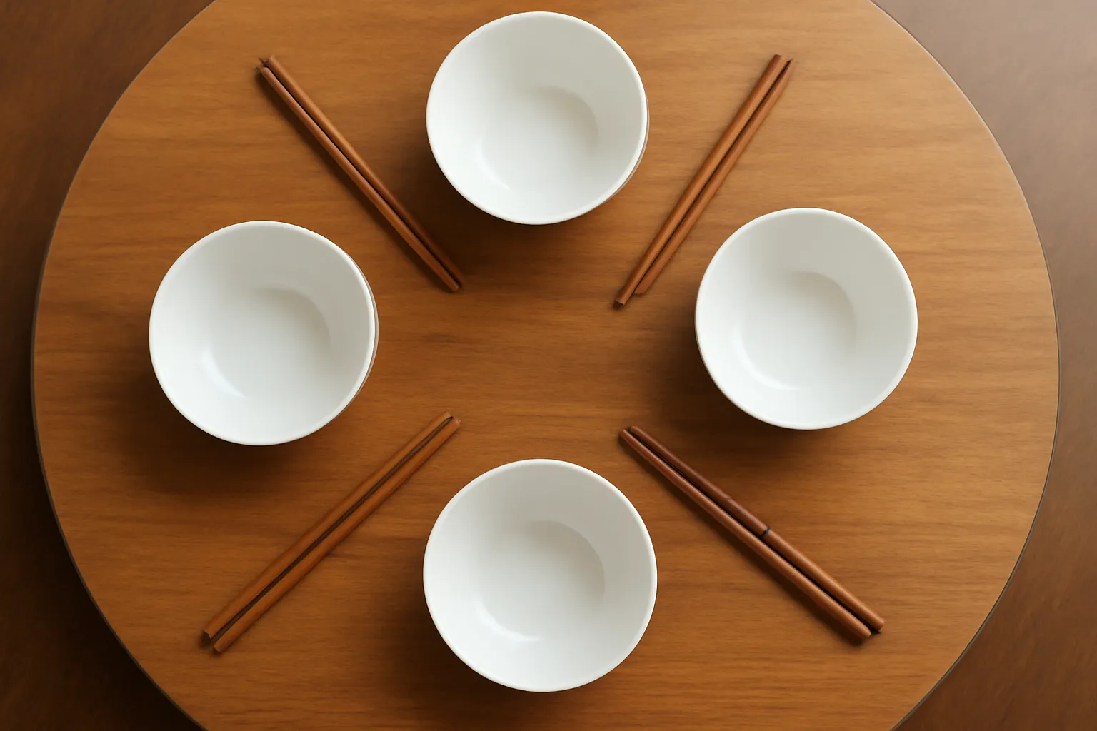 Nhiều đôi đũa và bát đặt quanh một chiếc bàn tròn