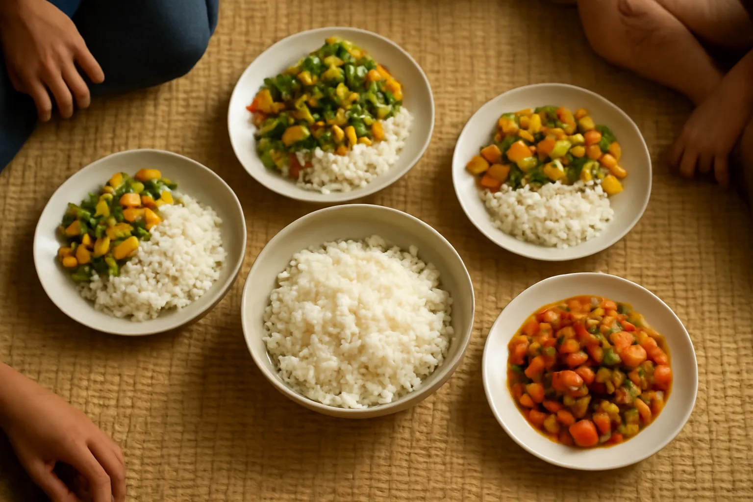 Mâm cơm giản dị với vài đĩa món đặt trên chiếu