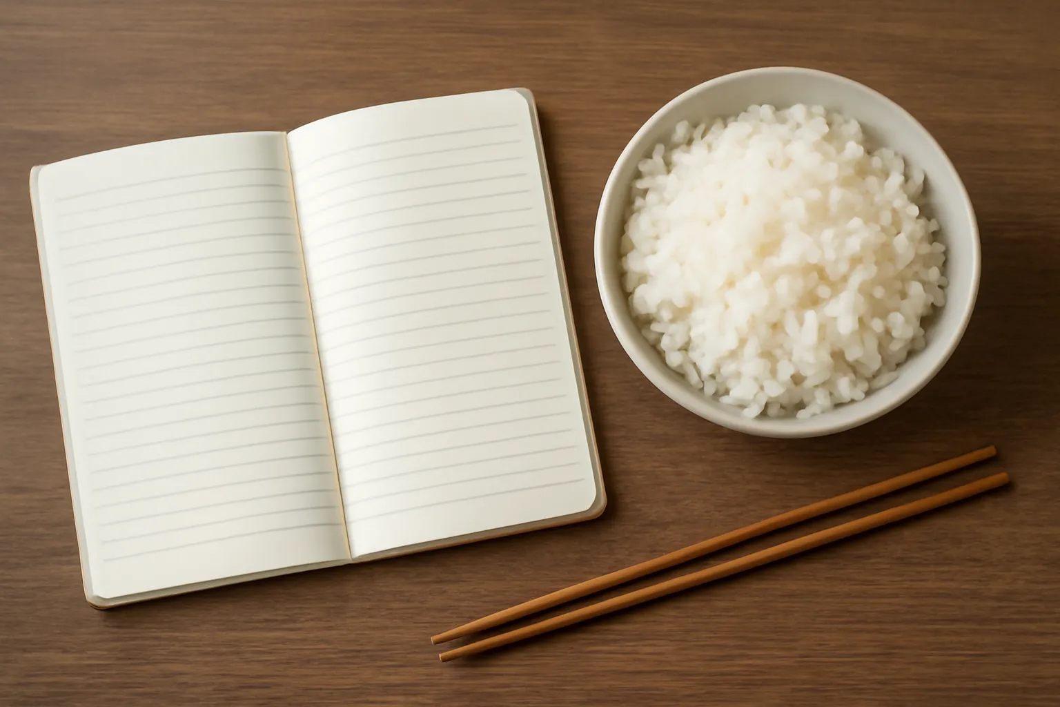 Cuốn sổ mở ra bên cạnh bát cơm và đôi đũa
