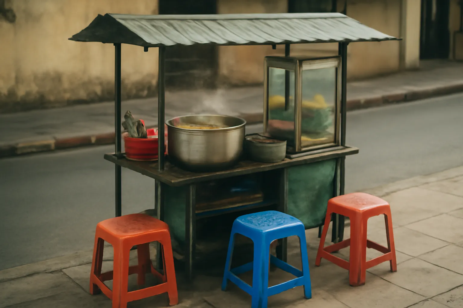 Gánh hàng nhỏ bên vỉa hè với nồi và mấy chiếc ghế nhựa